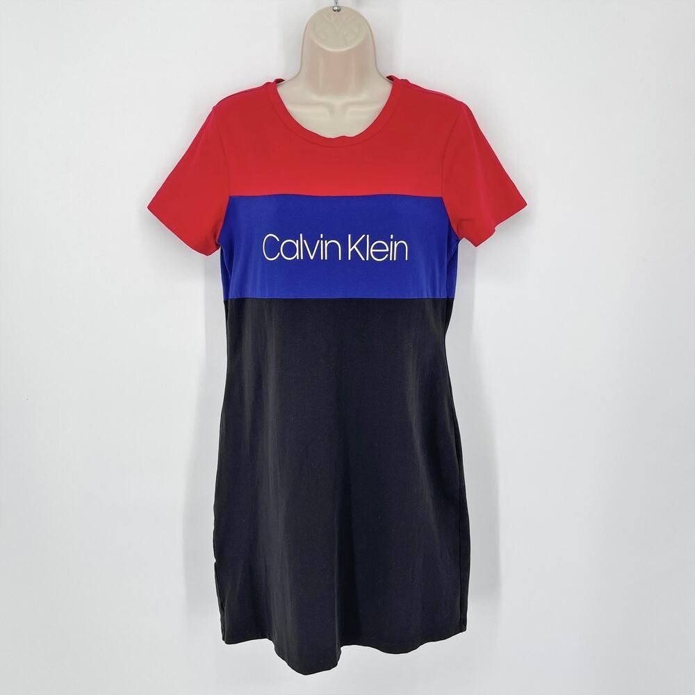 Calvin Klein Womens Colorblock T-Shirt Dress Short Sleeves M Red Blue Black Logo